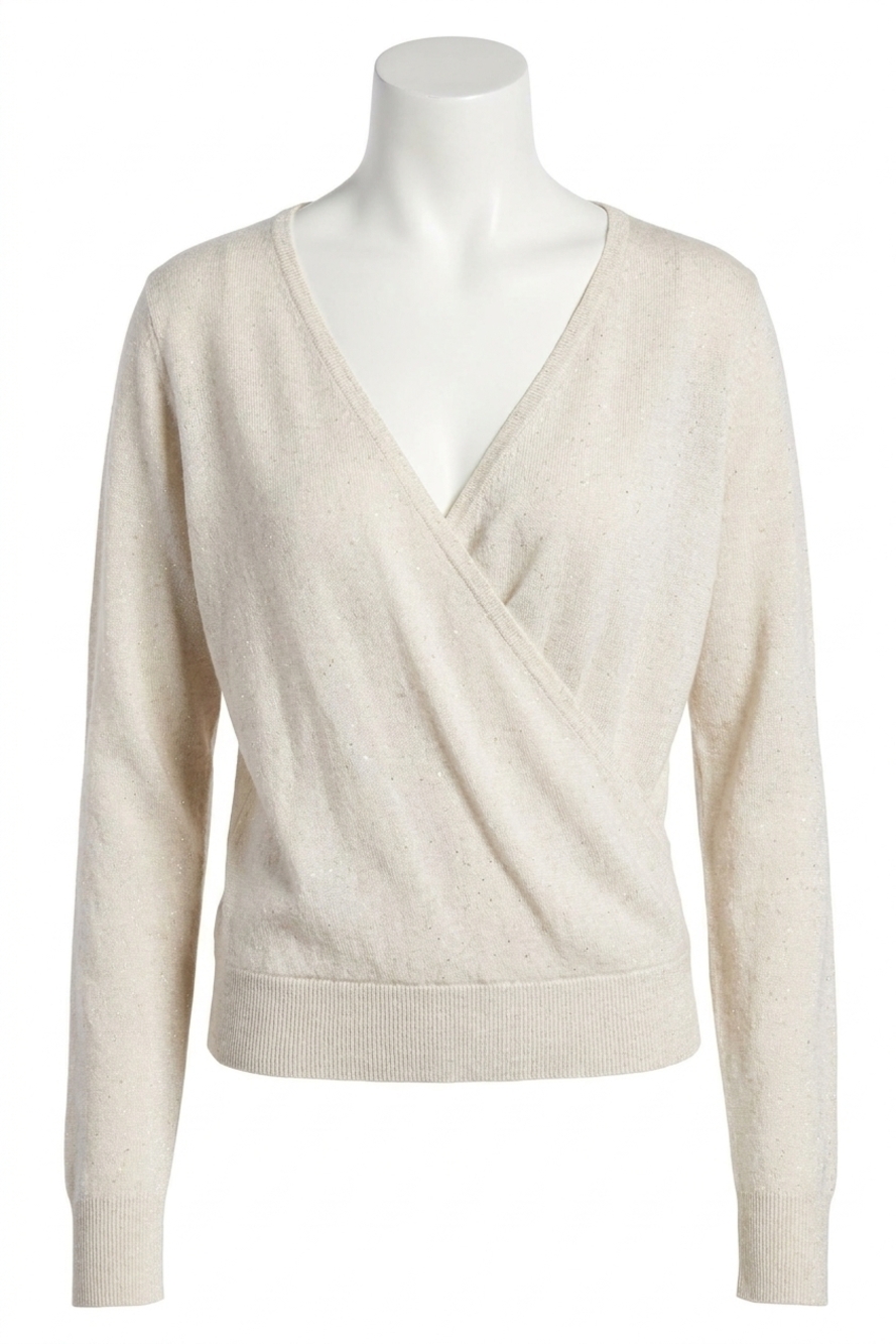 NEW KINROSS sequin long sleeve surplice top in ivory
